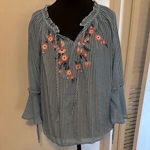 Boho Blue Striped Floral Embroidered Women's Top